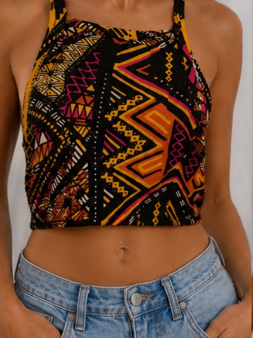 H&M Black Tribal Print Crop Top with Yellow and Pink Accents
